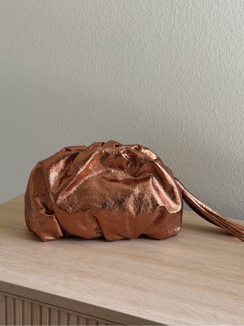 Rebecca Minkoff ruched metallic copper clutch bag